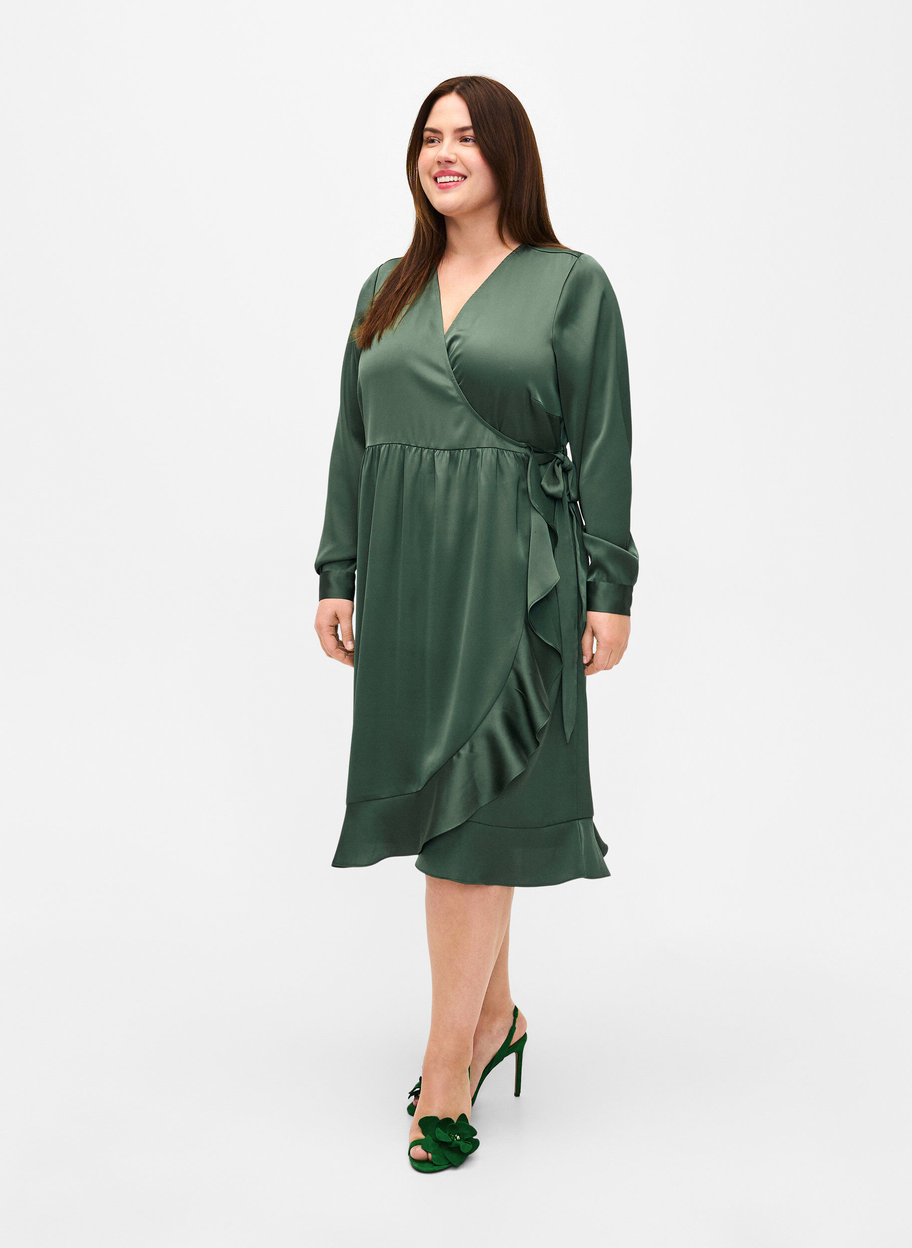 Zizzi Omslagskjole i sateng med lange ermer, Duck Green, Model image number 0