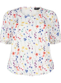 Blomstret bluse med vaffelsøm, Blå Blomstret bluse med vaffelsøm