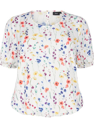 Zizzi Blomstret bluse med vaffelsøm, Blå, Packshot image number 0