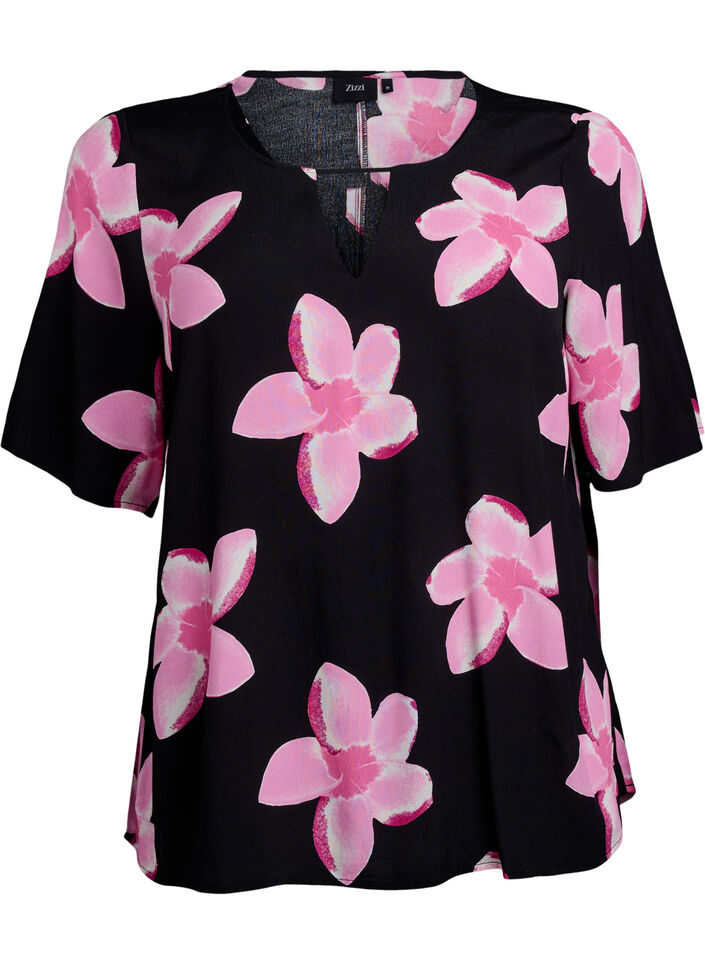 Short sleeve Viscose Bluse med utskrift, Svart, Packshot image number 0