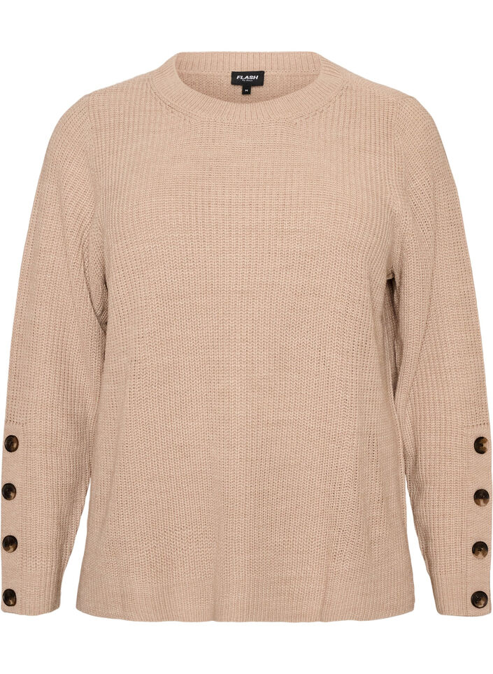 Strikket bluse med ribbestruktur og knappdetaljer, Beige, Packshot image number 0
