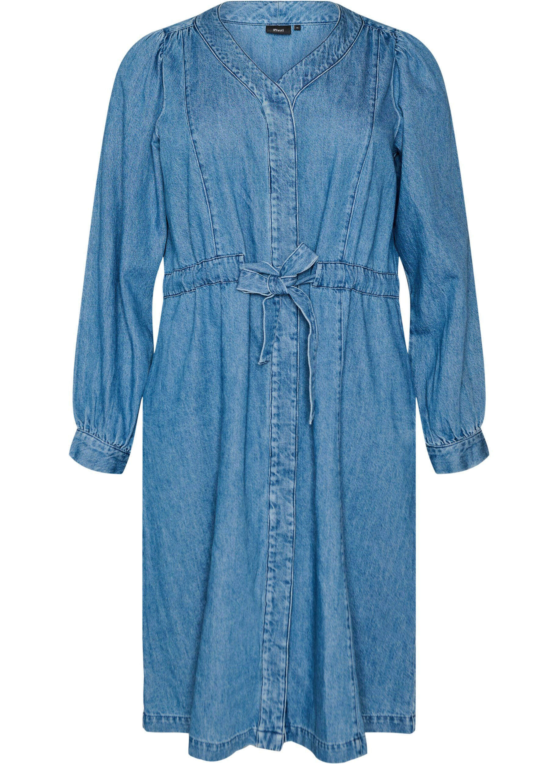 Denimkjole med V-hals og knytebelte