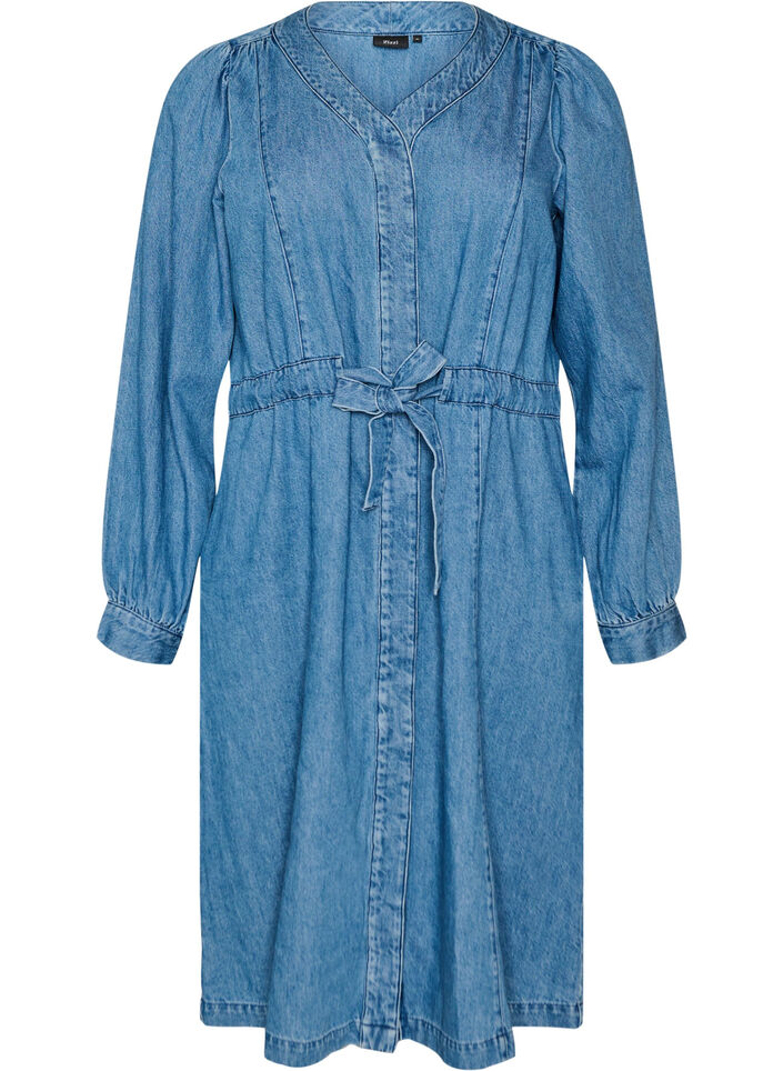 Denimkjole med V-hals og knytebelte, Bl&aring;, Packshot image number 0