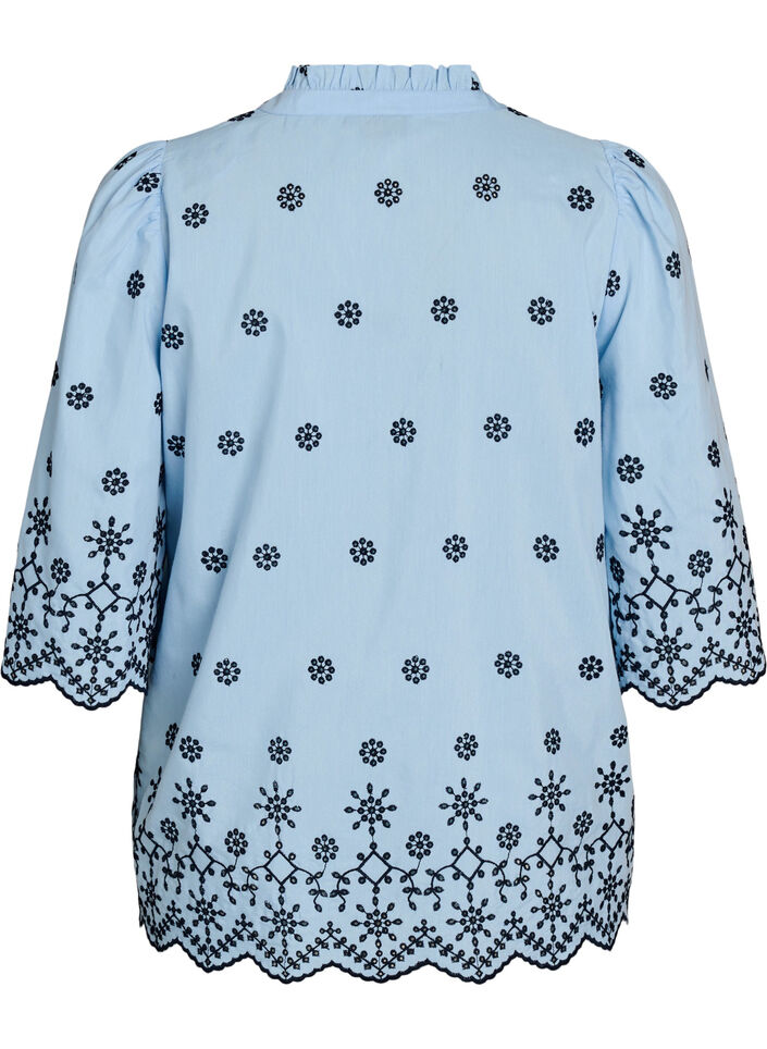 Bluse med 3/4 ermer og brodert m&oslash;nster, Bl&aring;, Packshot image number 1