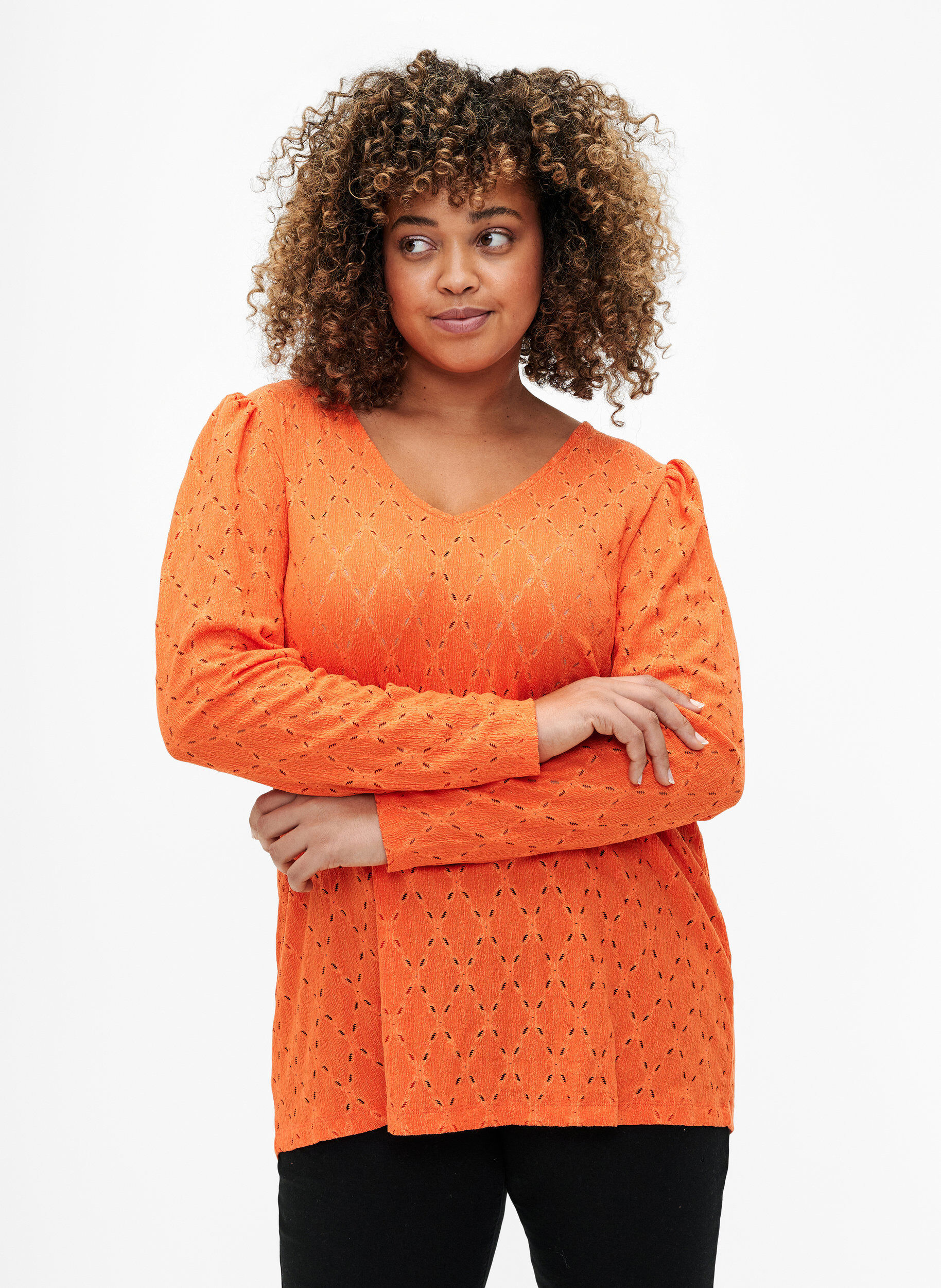 Zizzi Bluse med V-hals og hullm&oslash;nster, Carrot, Model image number 0