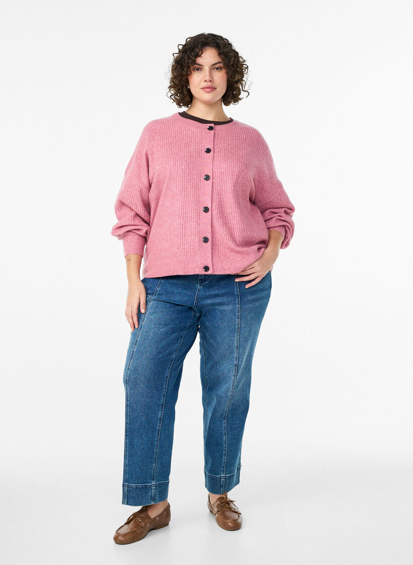 Ribbestrikket cardigan med knapper, Rosa, Model image number 1