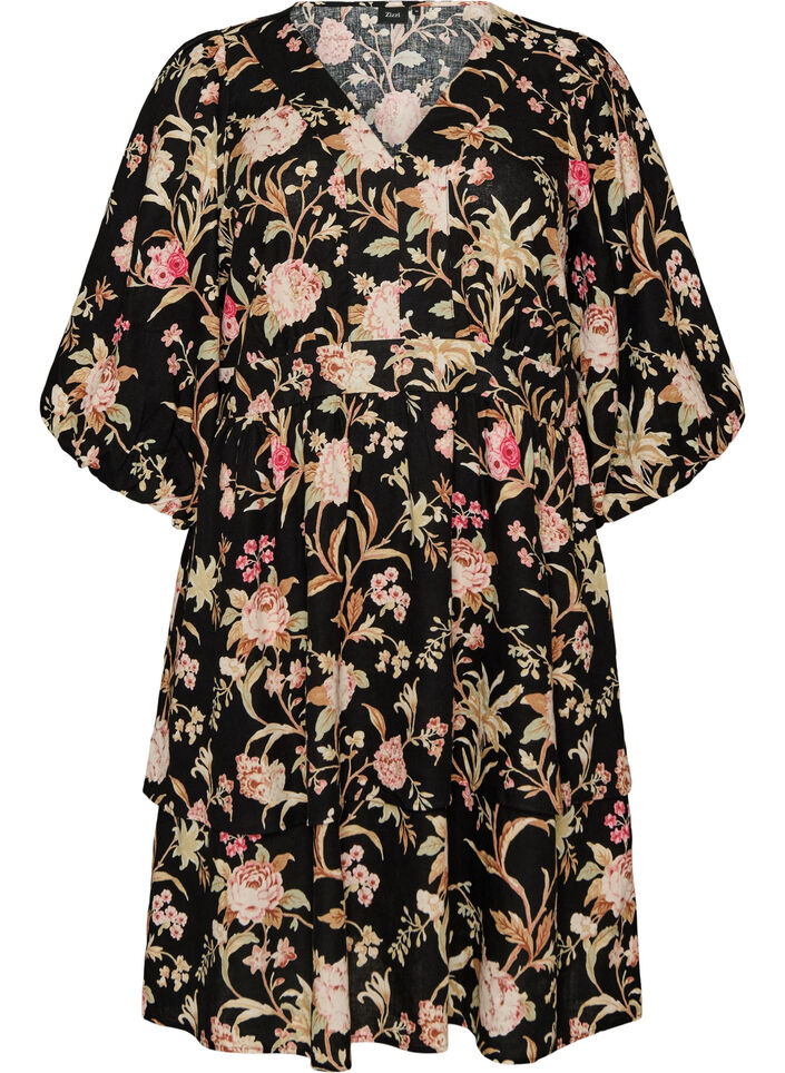 Blomstrete kjole i lin og viskose med empire-linje, Svart, Packshot image number 0