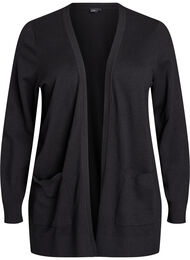 Lang &aring;pen strikket cardigan med lommer, Svart