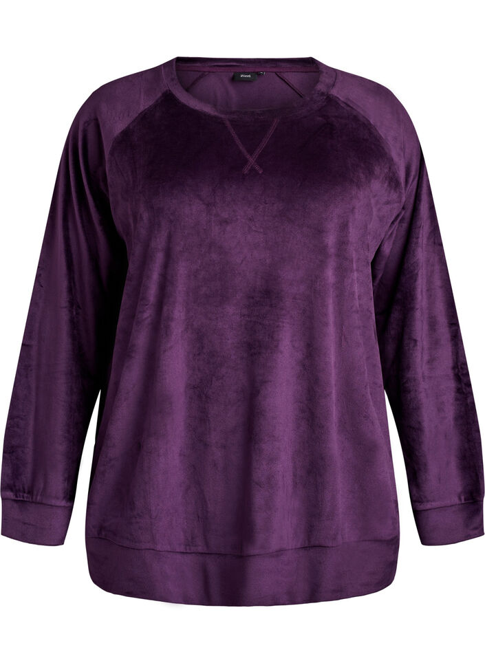 Velourbluse med raglanermer, Lilla, Packshot image number 0