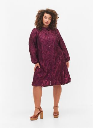 Lang jacquard skjorte, Dark Purple, Model image number 3