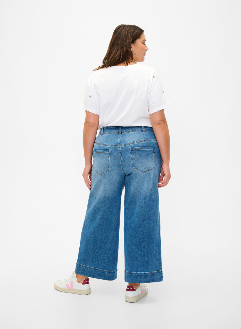 Cropped jeans med vidde, Blue denim, Model