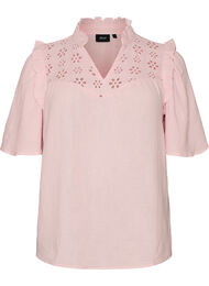 Bluse i bomullsmusselin med broderie anglaise og 1/2 ermer, Rosa
