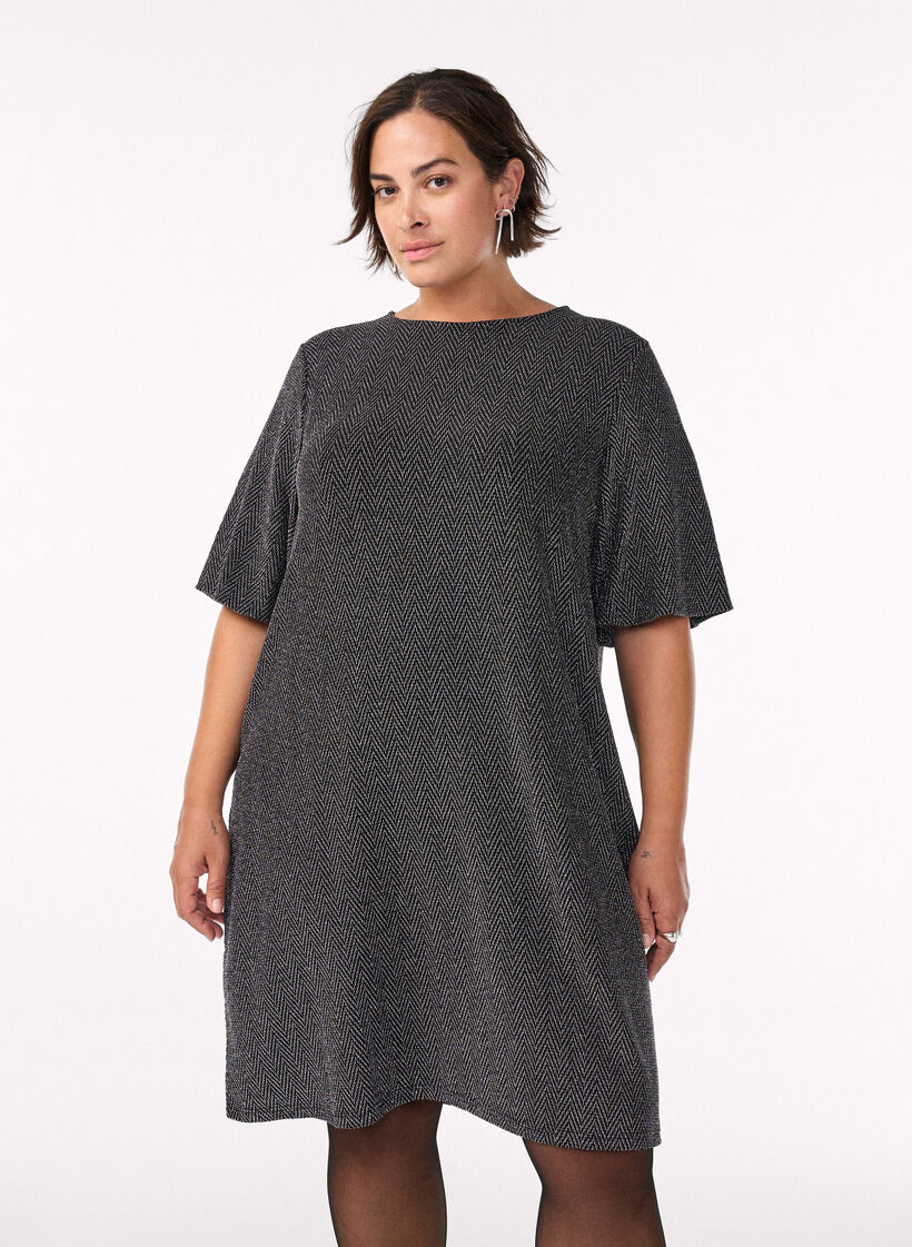 Kort kjole med glittermønster, Svart, Model image number 0