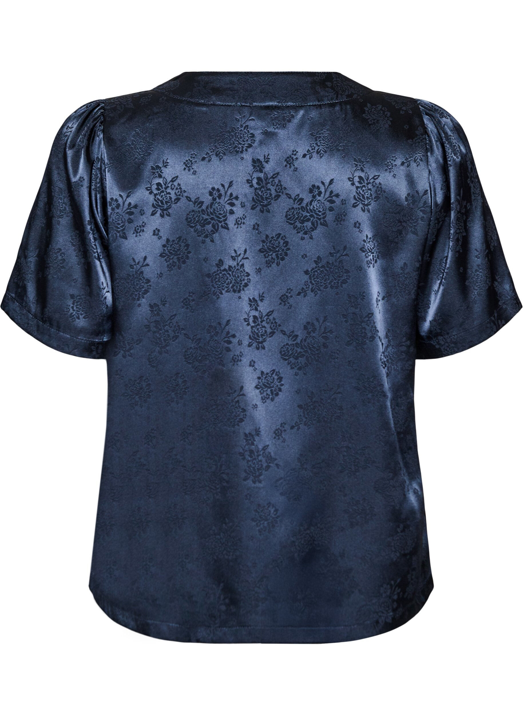 ZizziSatinbluse med blomstertrykk og V-hals, Bl&aring;, Packshot image number 1
