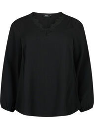 Bluse med v-hals og blondekant, Black