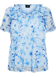 Blomstret bluse med volangkrage og peplumeffekt, Bl&aring;