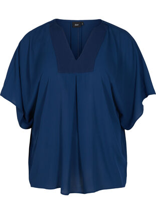 Bluse med V-hals og flaggermusermer, Navy Blazer, Packshot image number 0