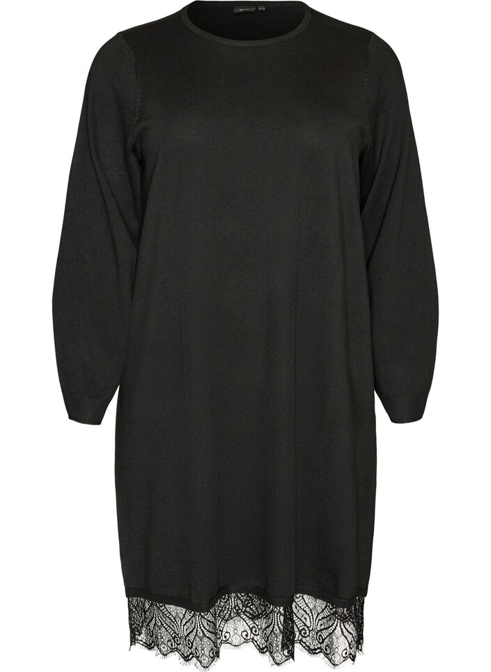 Kort strikkekjole med blondekant, Svart, Packshot image number 0