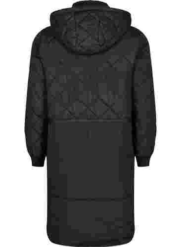 Quiltet jakke med hette og justerbar midje, Black, Packshot image number 1