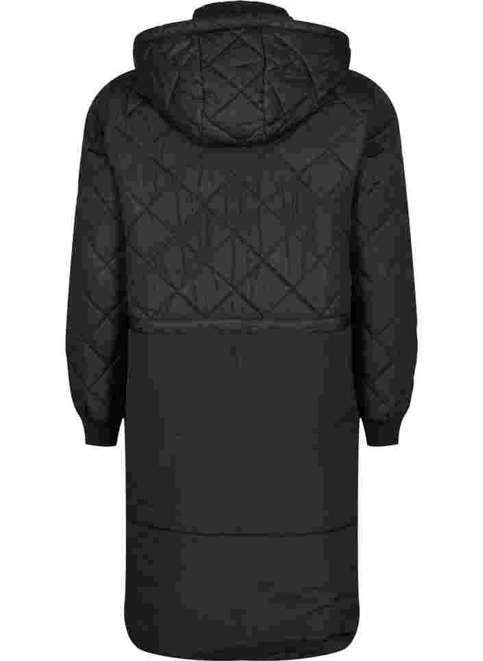 Quiltet jakke med hette og justerbar midje, Black, Packshot image number 1