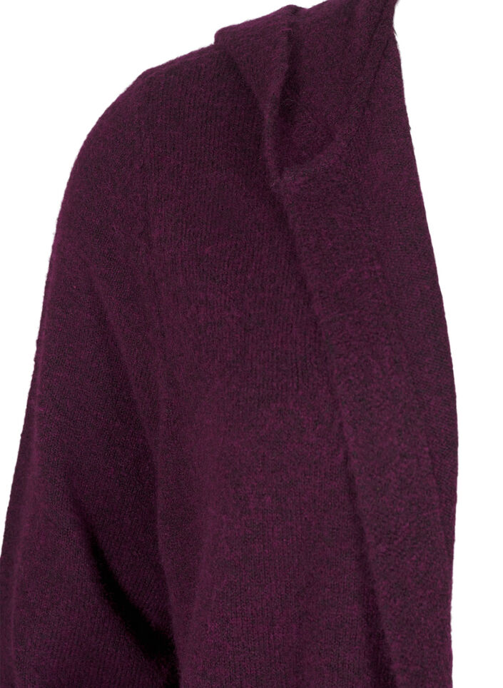 Lang strikket cardigan med ull og hette, Potent Purple Mel., Packshot image number 2