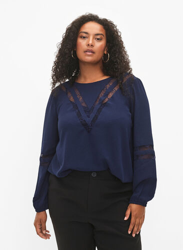 Bluse med lange ermer og blonder, Navy Blazer, Model image number 0