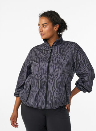Zizzi Løpejakke med høy hals og justerbar fold, Grey Zebra AOP, Model image number 0