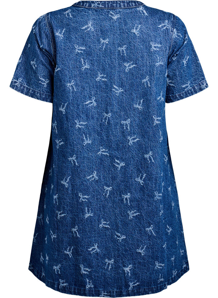 Kort denimkjole med A-linje snitt og sløyfemønster, Dark Blue Denim Bow, Packshot