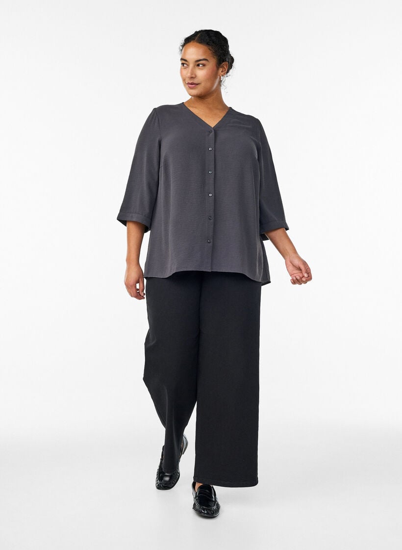 Skjortebluse med v-hals og 3/4 ermer, Gr&aring;, Model image number 1