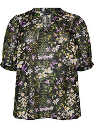 Bluse med blomstertrykk og V-hals, Svart