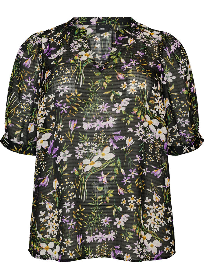 Bluse med blomstertrykk og V-hals, Svart, Packshot image number 0