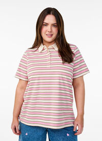 Stripete poloskjorte med korte ermer, Rosa Stripete poloskjorte med korte ermer, Rosa, Model