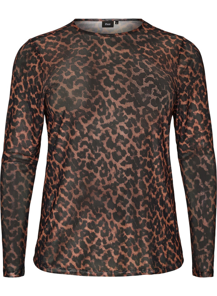 Mesh bluse med trykk, Brun, Packshot image number 0