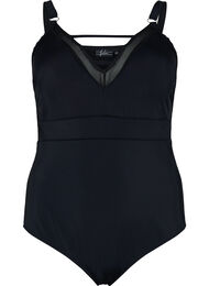 Badedrakt med V-hals og mesh, Black