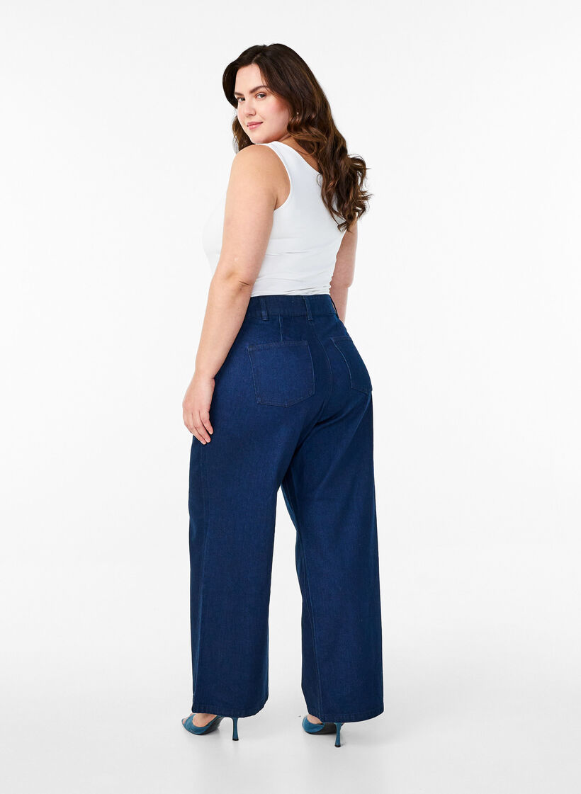 Jeans med høy midje og vide ben, Unwashed, Model