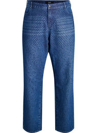 Straight fit jeans med rhinesteiner og høy midje, Dark Blue