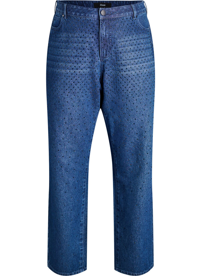Straight fit jeans med rhinesteiner og høy midje, Dark Blue, Packshot