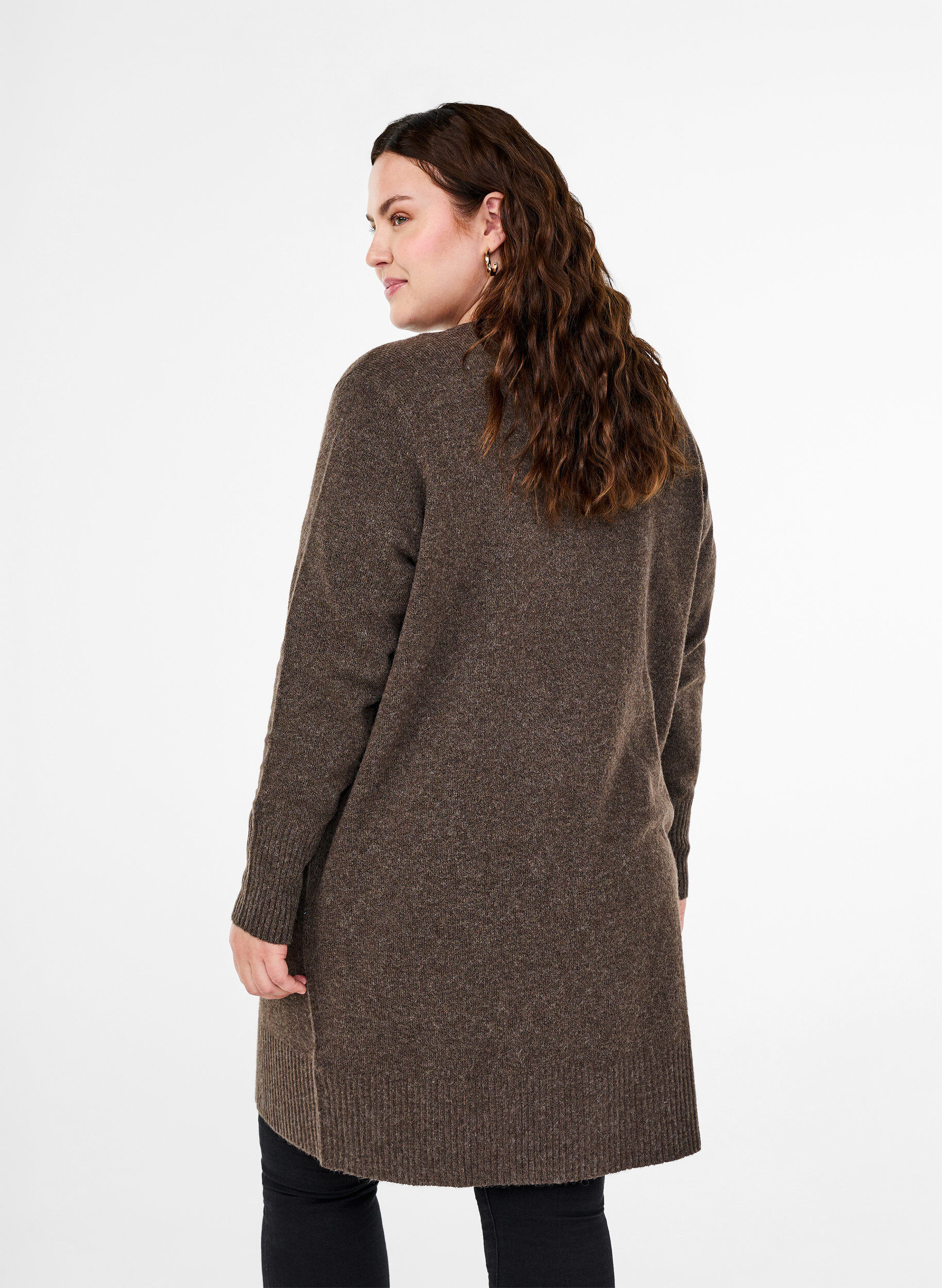 Zizzi Ribbestrikket cardigan med lommer, Brun, Model image number 2