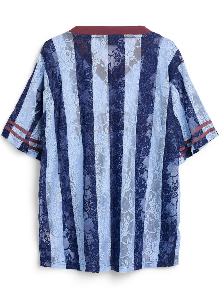 Stripete bluse med blonder og statement-trykk, Blå, Packshot image number 1