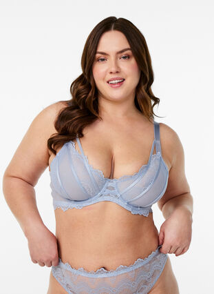 Zizzi Heldekkende BH med blonder og stringdetaljer, Blå, Model image number 0