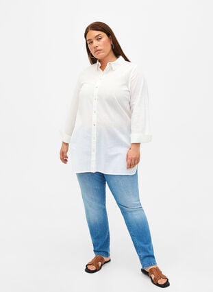 Lang skjorte i lin og bomull, Bright White, Model image number 2