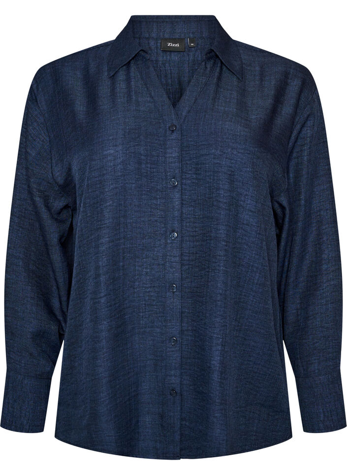 Loose fit skjorte med V-hals, Bl&aring;, Packshot image number 0