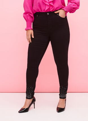 Høy midje Amy jeans med rhinestones, Black, Model image number 2