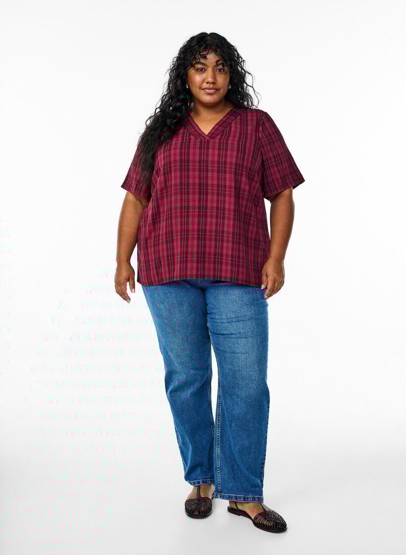 Bluse med rutemønster og V-utringning, Mørk Bordeaux, Model image number 1