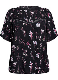 Blomstret bluse med korte ermer, Svart