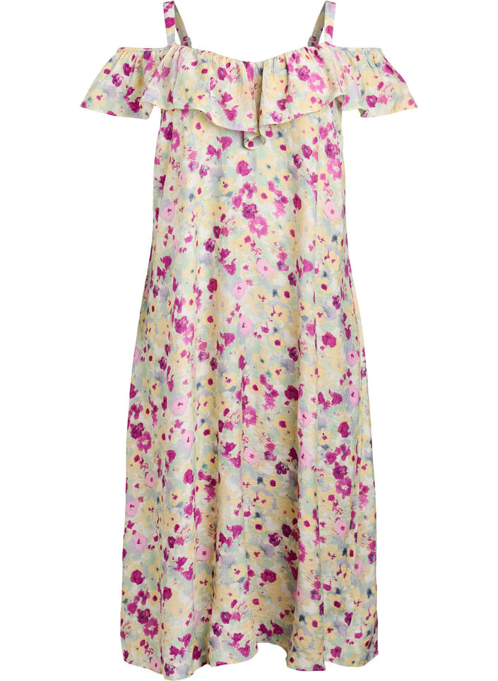 Blomstret midikjole med off-shoulder volang, Cloud Dancer FL AOP, Packshot