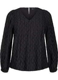 Langermet mønstret bluse med V-hals, Black