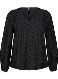 Langermet mønstret bluse med V-hals, Black Langermet mønstret bluse med V-hals