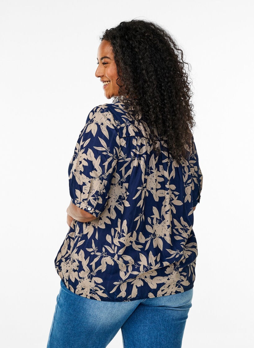 Bluse med trykk og 1/2 ermer, Bl&aring;, Model image number 2