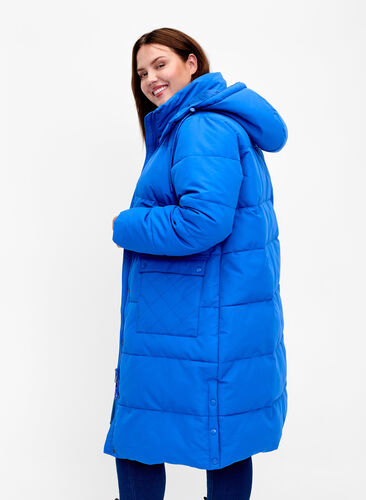 Lang Puffer jakke med lommer og hette, French Blue, Model image number 1